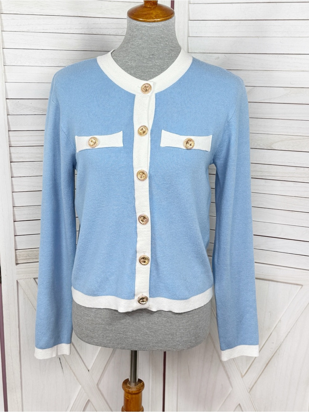 Emerson Lang Cardigan Sweater Button Front Contrast Trim Blue White Medium